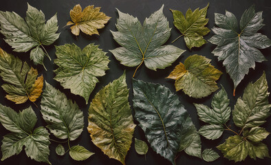 Poster - A collection of leaves with some of them being green and some brown. The leaves are arranged in a pattern on a black background