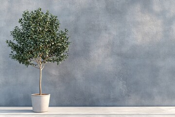 Wall Mural - Small potted tree stands near gray wall in modern minimalist room