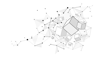 Wall Mural - abstract quantum global data network background, wireframe connected dots, floating 3d cubes and tri