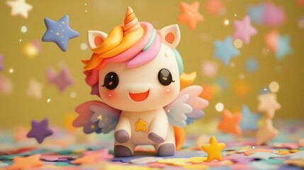 Wall Mural - Cute unicorn character with colorful wings and stars in a joyful celebration.