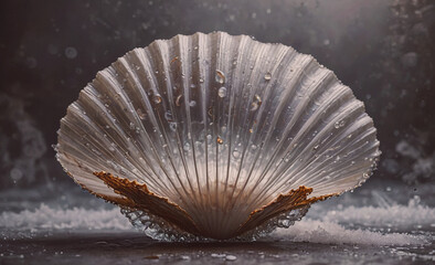 Fototapete - A shell with a gold leaf on it is sitting on a table. The shell is covered in water droplets, giving it a shiny and reflective appearance. Concept of tranquility and beauty