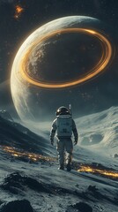 Wall Mural - Astronaut walking on a rocky planet with a large ringed planet in the sky