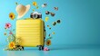 © watchirachat - Bright yellow suitcase with summer travel essentials such as sun hat sunglasses and floating around it against a tranquil blue background conveying the excitement and freedom of vacation and
