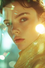 Wall Mural - Glowing portrait captures ethereal beauty enhanced by shimmering