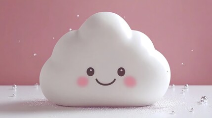 Poster - Cute white cartoon cloud with a happy face, on a soft pink background, with scattered sparkles and bubbles.