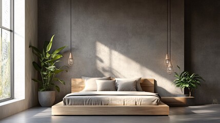 Poster - Modern minimalist bedroom interior design with concrete wall