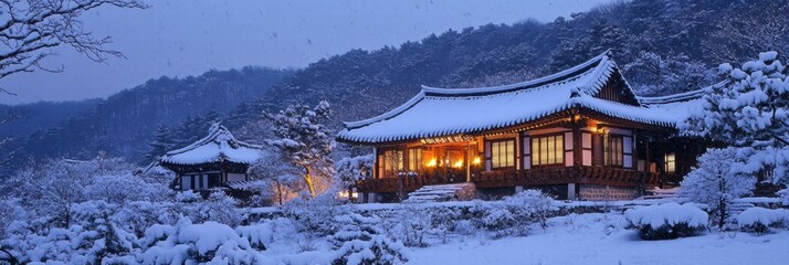 Aufkleber - Winter evening at a traditional Korean house surrounded by snow in a tranquil landscape. Generative AI