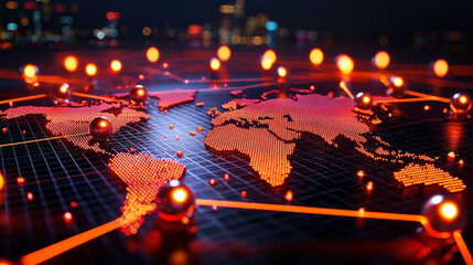 Leinwandbilder - 3D digital map of global financial networks with glowing connections, showcasing vibrant representation of interconnected economies and data flow
