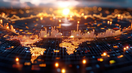 Fototapete - 3D illustration of interconnected global markets with vibrant data visualizations, showcasing economic trends and growth across continents