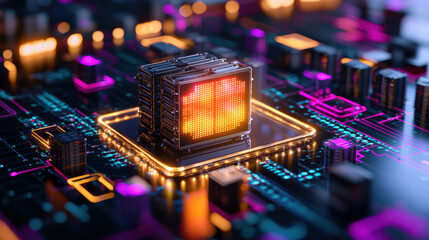 Poster - 3D rendering of futuristic microprocessor on circuit board, showcasing vibrant colors and intricate details. design emphasizes technology and innovation