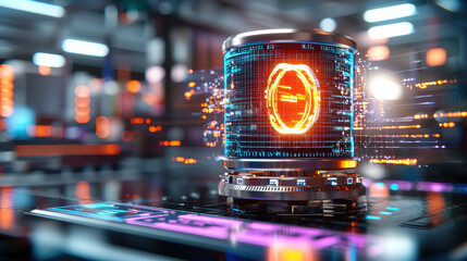 Aufkleber - high tech 3D model featuring glowing digital display with orange symbol, surrounded by vibrant lights and futuristic elements, creating immersive technological atmosphere