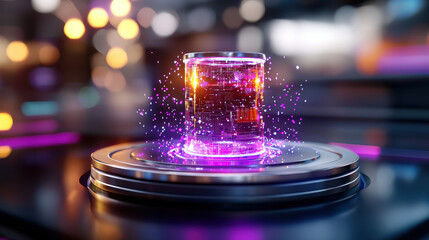 Leinwandbilder - high tech 3D model of glowing cylindrical object surrounded by vibrant particles, showcasing advanced technology and futuristic design