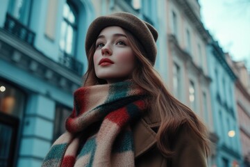 woman with plaid scarf and hat