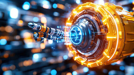 Poster - futuristic 3D model of robotic arm with glowing elements, showcasing advanced technology and intricate design. vibrant colors and details create captivating visual experience
