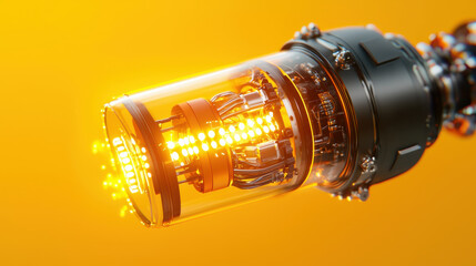 Leinwandbilder - detailed 3D model of robotic arm component with glowing elements, showcasing intricate wiring and technology. vibrant orange background enhances futuristic design