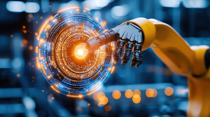 Aufkleber - robotic arm in motion, showcasing advanced technology and digital interaction. arm is highlighted with glowing elements, symbolizing innovation and precision in automation