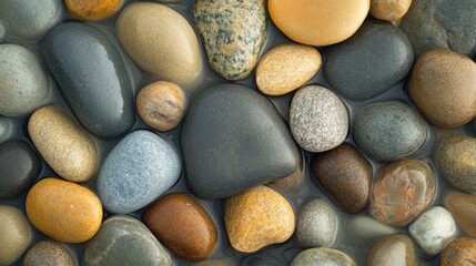 Poster - Close up view of smooth beach pebbles with gentle waves washing over them during a serene coastal moment. Generative AI