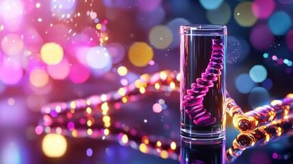 Leinwandbilder - vibrant and colorful image featuring glass container with spiral structure inside, surrounded by blurred background of bright bokeh lights. scene evokes sense of modernity and scientific