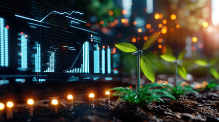 Poster - futuristic energy dashboard displays data alongside young green plants, symbolizing growth and sustainability. scene blends technology with nature, creating harmonious environment