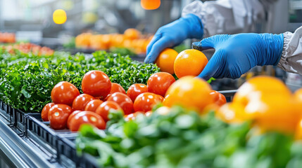 Poster - Fresh vegetables and fruits are being sorted in high tech packaging facility, showcasing vibrant colors and healthy produce. scene reflects efficiency and care in food handling
