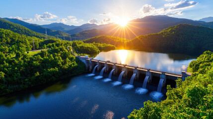 Fototapete - stunning hydroelectric dam surrounded by lush green mountains and serene lake, illuminated by beautiful sunset. scene captures harmony of nature and technology