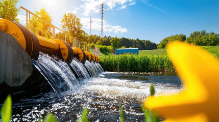 Fototapete - vibrant hydroelectric dam scene with flowing water, green grass, and bright sunlight creates serene atmosphere. yellow flower in foreground adds touch of color to landscape