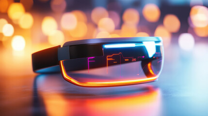 Leinwandbilder - futuristic wearable device with sleek design and vibrant lights, showcasing advanced technology and innovation. background features bokeh effect, enhancing modern aesthetic