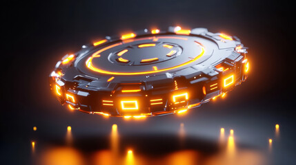 Leinwandbilder - futuristic 3D visualization of hovering spacecraft with glowing orange lights, showcasing advanced technology and sleek design