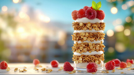 Poster - delicious breakfast parfait layered with yogurt, granola, and fresh raspberries, beautifully styled against blurred outdoor background