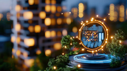 Poster - futuristic energy efficient cityscape with glowing data visualization and greenery. image showcases modern architecture and innovative technology in urban setting