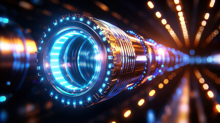 Poster - Futuristic turbine design with glowing blue lights and metallic details, showcasing advanced technology and innovation in energy production