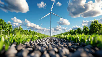 Fototapete - scenic view of futuristic wind turbine surrounded by lush greenery and gravel path, showcasing renewable energy and nature beauty