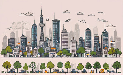 Poster - A city skyline with a large building in the middle and a tall tower. The sky is cloudy and the city is bustling with activity