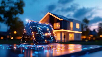 Poster - futuristic smart home concept featuring glowing circuit board design in foreground, showcasing advanced technology and modern architecture