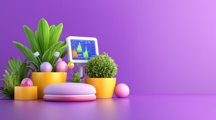 Fototapete - vibrant display of plants and decorative elements, featuring colorful pots and digital screen showcasing data. scene is set against purple background, creating lively atmosphere