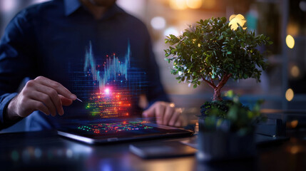 Aufkleber - person interacting with digital tablet displaying colorful data visualizations, surrounded by plants in modern workspace