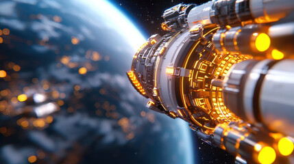 Fototapete - cinematic 3D render of futuristic spacecraft approaching Earth, showcasing intricate details and glowing elements. scene evokes sense of exploration and advanced technology