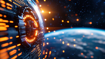 Leinwandbilder - cinematic 3D render of futuristic space station orbiting Earth, showcasing vibrant orange lights and intricate details against starry backdrop. scene evokes sense of wonder and exploration