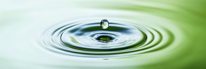 Poster - Single drop falling into calm water surface, creating concentric ripples and a crown splash, with green and white reflections, ideal for purity, nature, and wellness concepts