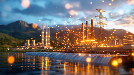 Fototapete - cinematic 3D rendering of hydroelectric facility with glowing lights, water flow, and mountains in background, showcasing energy production and technology