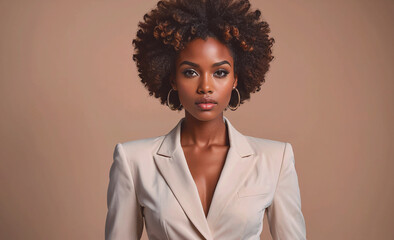 Wall Mural - A woman with curly hair is wearing a white jacket and standing in front of a tan background. She has a serious expression on her face