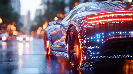 Poster - futuristic autonomous car illuminated with vibrant lights, showcasing advanced technology in city setting. sleek design and glowing elements create captivating visual experience