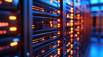 Fototapete - Futuristic data center with illuminated servers and technology. vibrant lights create dynamic atmosphere, showcasing advanced computing capabilities and modern infrastructure