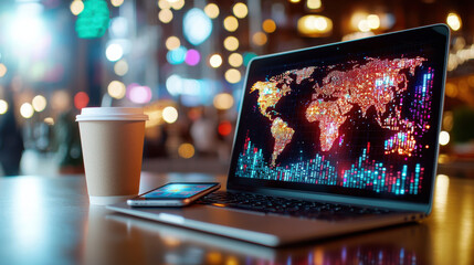 Aufkleber - cinematic close up of laptop displaying colorful financial world map, with coffee cup and smartphone nearby, creating modern workspace atmosphere