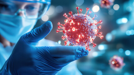 Fototapete - scientist in lab examines detailed model of virus, showcasing advanced research in virology. scene highlights importance of scientific innovation in health