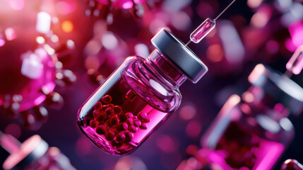 Aufkleber - vibrant depiction of futuristic vaccine vial surrounded by floating virus particles, showcasing advanced medical technology and innovation in healthcare