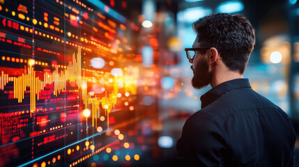 Aufkleber - man analyzes dynamic market data on digital screen, showcasing vibrant graphs and statistics. atmosphere is focused and intense, reflecting importance of data analysis