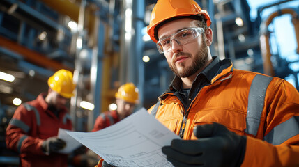 Poster - Engineers reviewing blueprints in construction site, wearing safety gear and helmets, focused on their work. atmosphere is professional and industrious