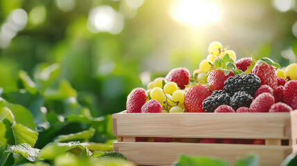 Aufkleber - Fresh berries in wooden crate, surrounded by green foliage, illuminated by sunlight. vibrant colors and natural setting evoke sense of freshness and abundance