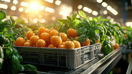 Poster - Fresh tomatoes and green leaves in high tech packaging facility, showcasing vibrant colors and modern design. warm sunlight enhances fresh produce appeal